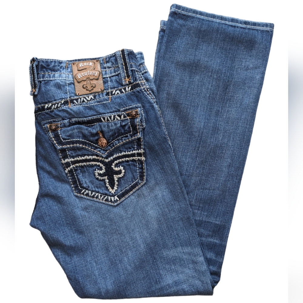 Rock Revival Malcom Straight Men's Denim Blue Jeans Size 36 White Wire Stitching